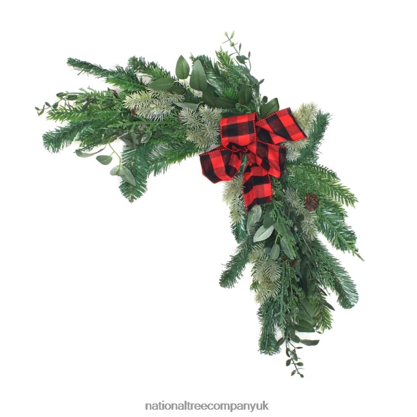 Greenery | National Tree Company Mixed Pine and Bow Christmas Corner Swags with Plaid Bow and Pinecones Set of Two 24 in F2L4F511